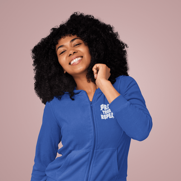 Pray Trust Repeat Zip Hoodie Front and Back Print Christian Sweatshirt - Encore2woSTrue Royal