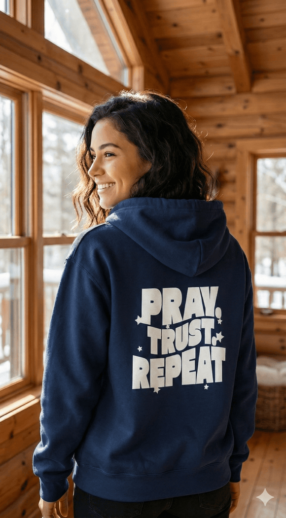 Pray Trust Repeat Zip Hoodie Front and Back Print Christian Sweatshirt - Encore2woSNavy