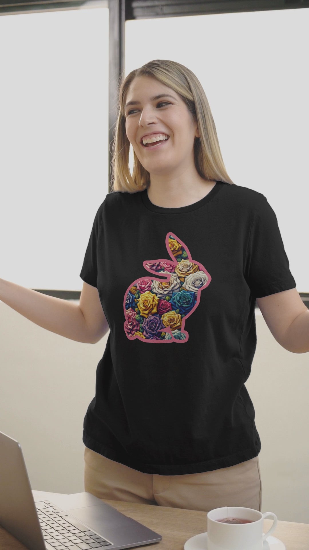 Easter Bunny Floral Multicolored Roses T-Shirt - Women's Easter Tee-6