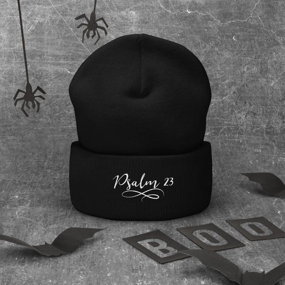 Psalm 23 Embroidered White Cuffed Beanie - Encore2woBlack