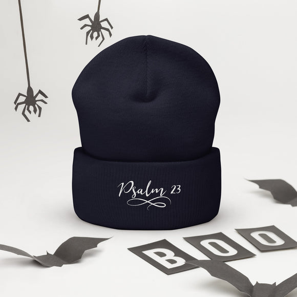 Psalm 23 Embroidered White Cuffed Beanie - Encore2woNavy