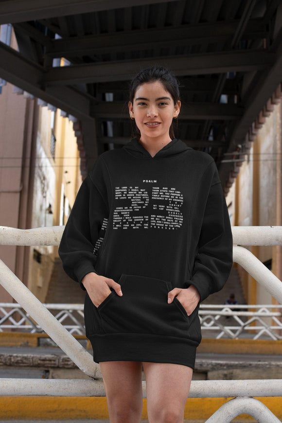 Psalm 23 Hoodie Dress - Inspirational Black Hoodie Dress with 23rd Psalm Text Design in White Lettering - Encore2woBlackXS