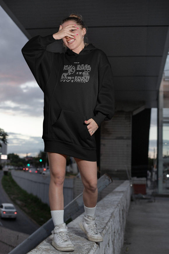 Psalm 23 Hoodie Dress - Inspirational Black Hoodie Dress with 23rd Psalm Text Design in White Lettering - Encore2woBlackXS