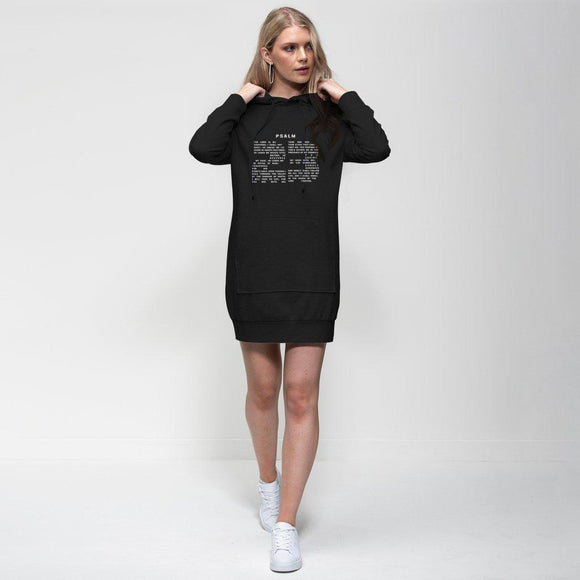 Psalm 23 Hoodie Dress - Inspirational Black Hoodie Dress with 23rd Psalm Text Design in White Lettering - Encore2woBlackXS