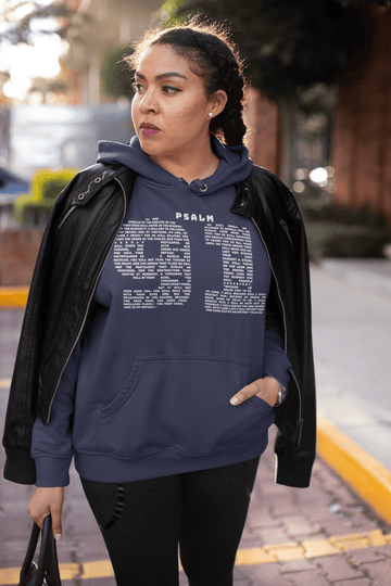 Psalm 91 Scripture Hoodie My Refuge and Fortress Faith Sweatshirt - Encore2woNavyS