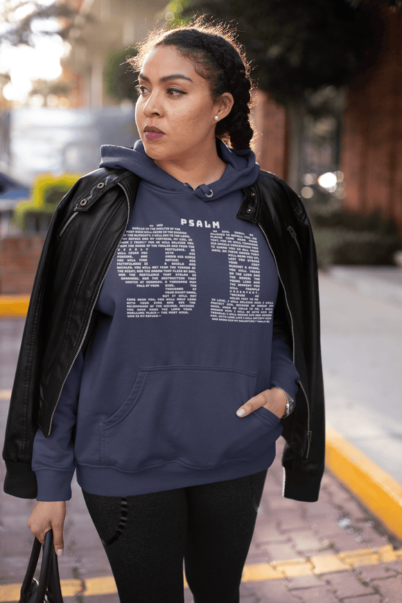 Psalm 91 Scripture Hoodie My Refuge and Fortress Faith Sweatshirt - Encore2woNavyS
