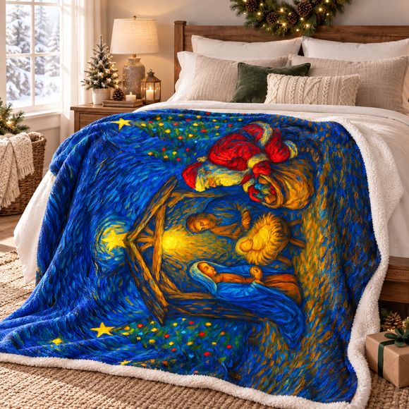 Santa at the Nativity Sherpa Blanket | Christian Christmas Throw - Encore2wo50" × 60"Grey