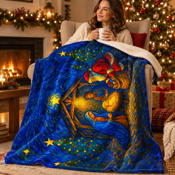 Santa at the Nativity Sherpa Blanket | Christian Christmas Throw - Encore2wo50" × 60"Grey