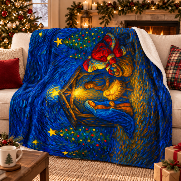 Santa at the Nativity Sherpa Blanket | Christian Christmas Throw - Encore2wo50" × 60"Grey