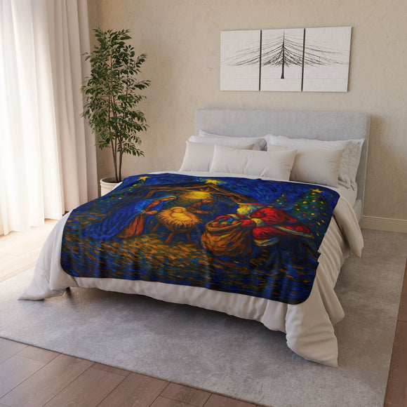 Santa at the Nativity Sherpa Blanket | Christian Christmas Throw - Encore2wo60" × 80"Beige