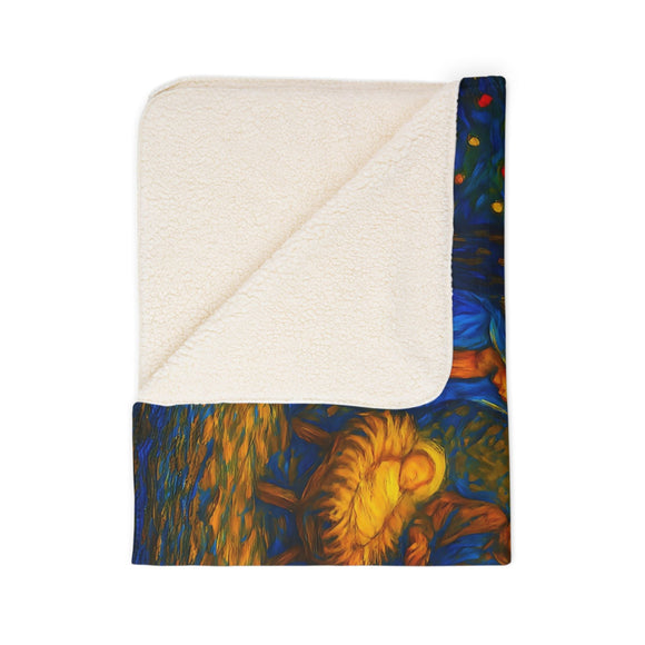 Santa at the Nativity Sherpa Blanket | Christian Christmas Throw - Encore2wo60" × 80"Beige