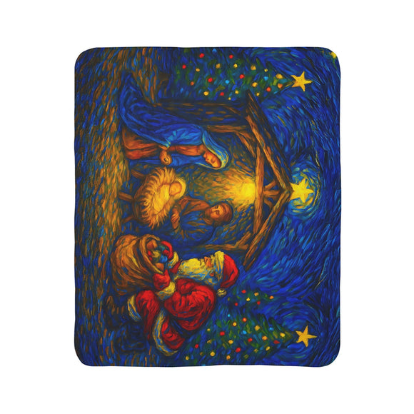 Santa at the Nativity Sherpa Blanket | Christian Christmas Throw - Encore2wo50" × 60"Grey