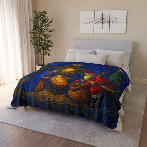 Santa at the Nativity Sherpa Blanket | Christian Christmas Throw - Encore2wo60" × 80"Beige