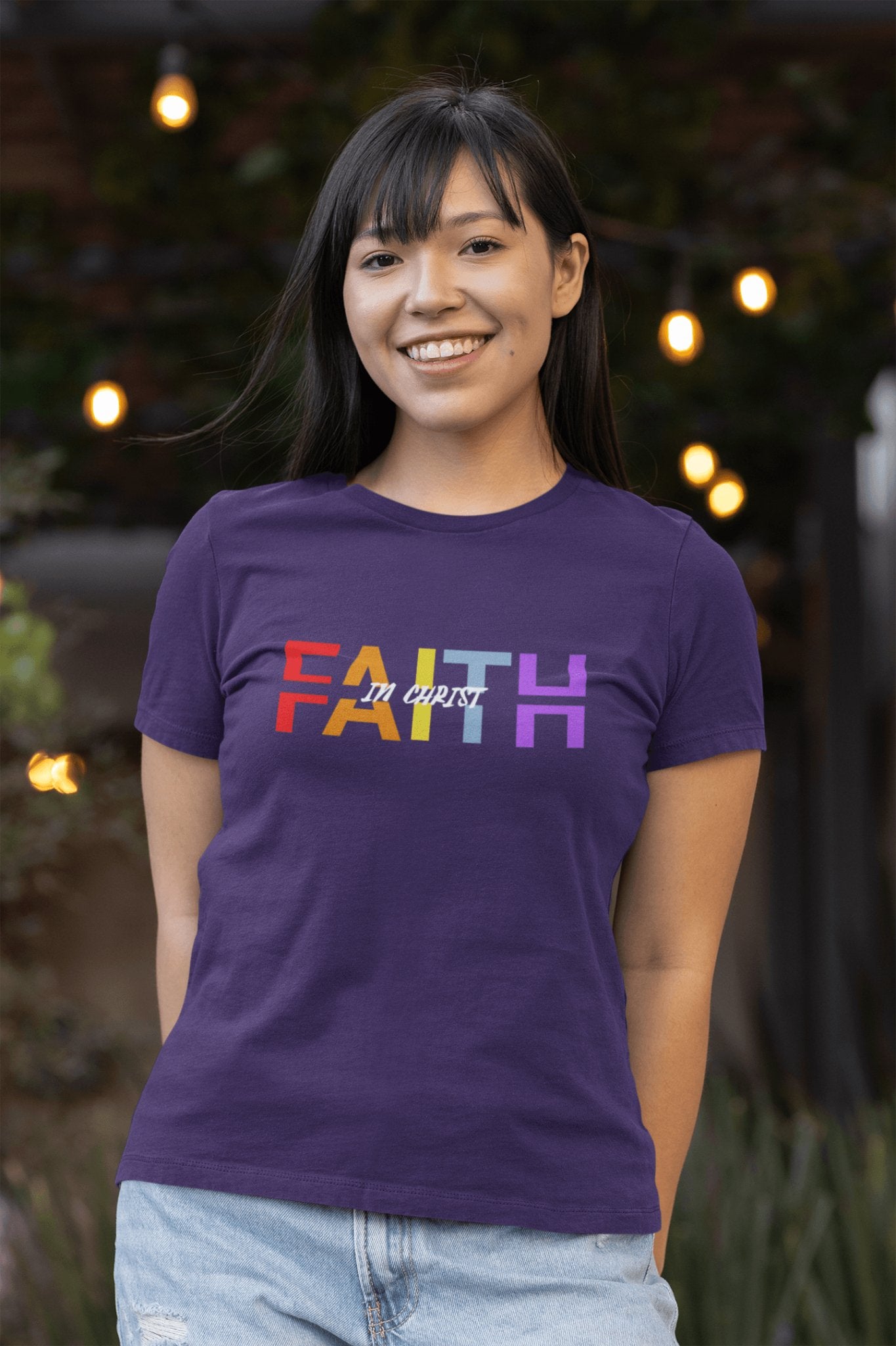 Stylish Faith in Christ T - Shirt - Colorful Divided Text Design - Encore2woTeam PurpleS