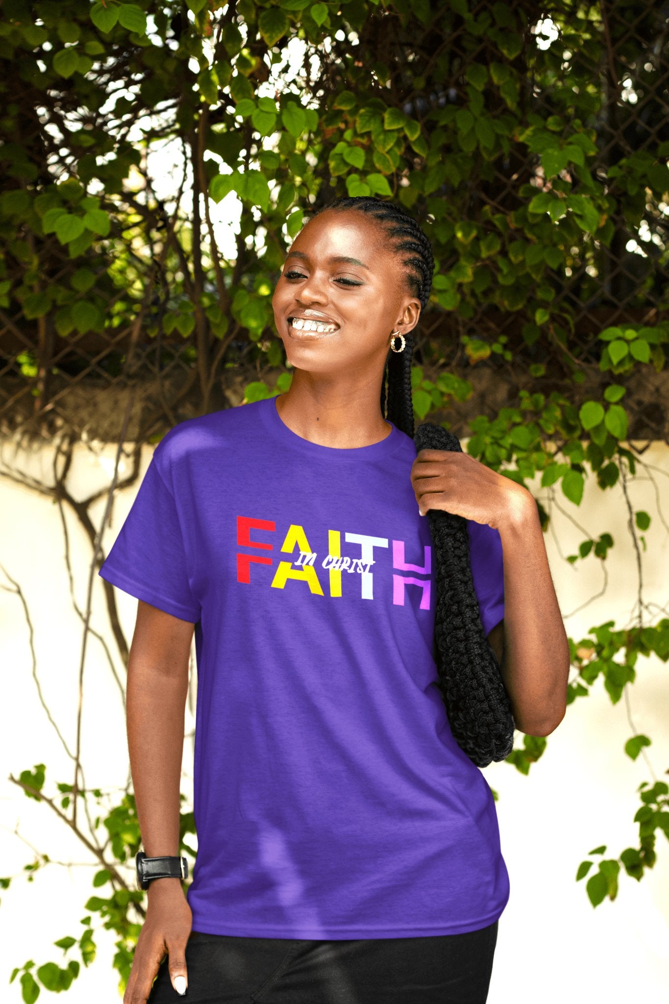 Stylish Faith in Christ T - Shirt - Colorful Divided Text Design - Encore2woTeam PurpleS