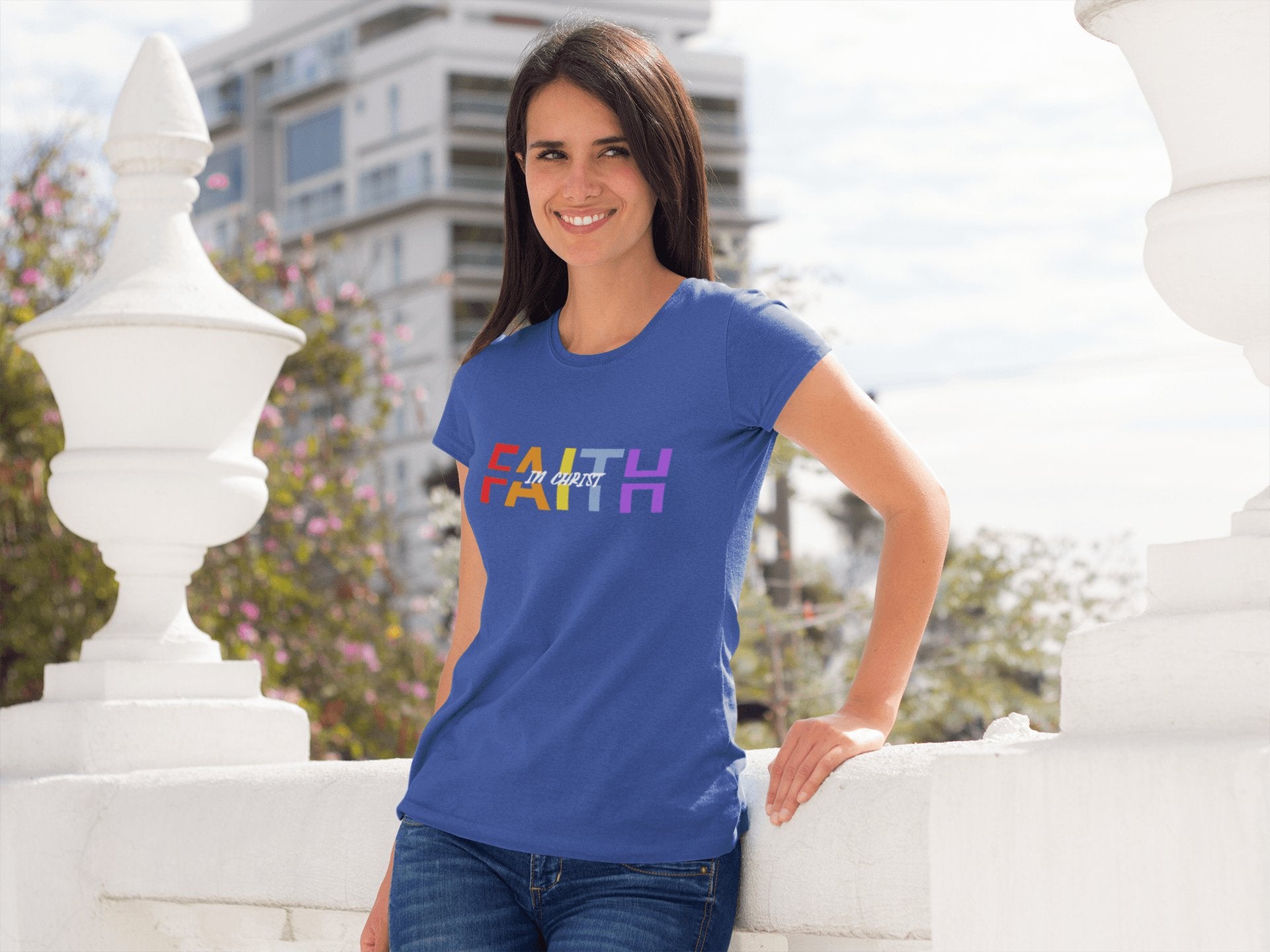 Stylish Faith in Christ T - Shirt - Colorful Divided Text Design - Encore2woTeam PurpleS