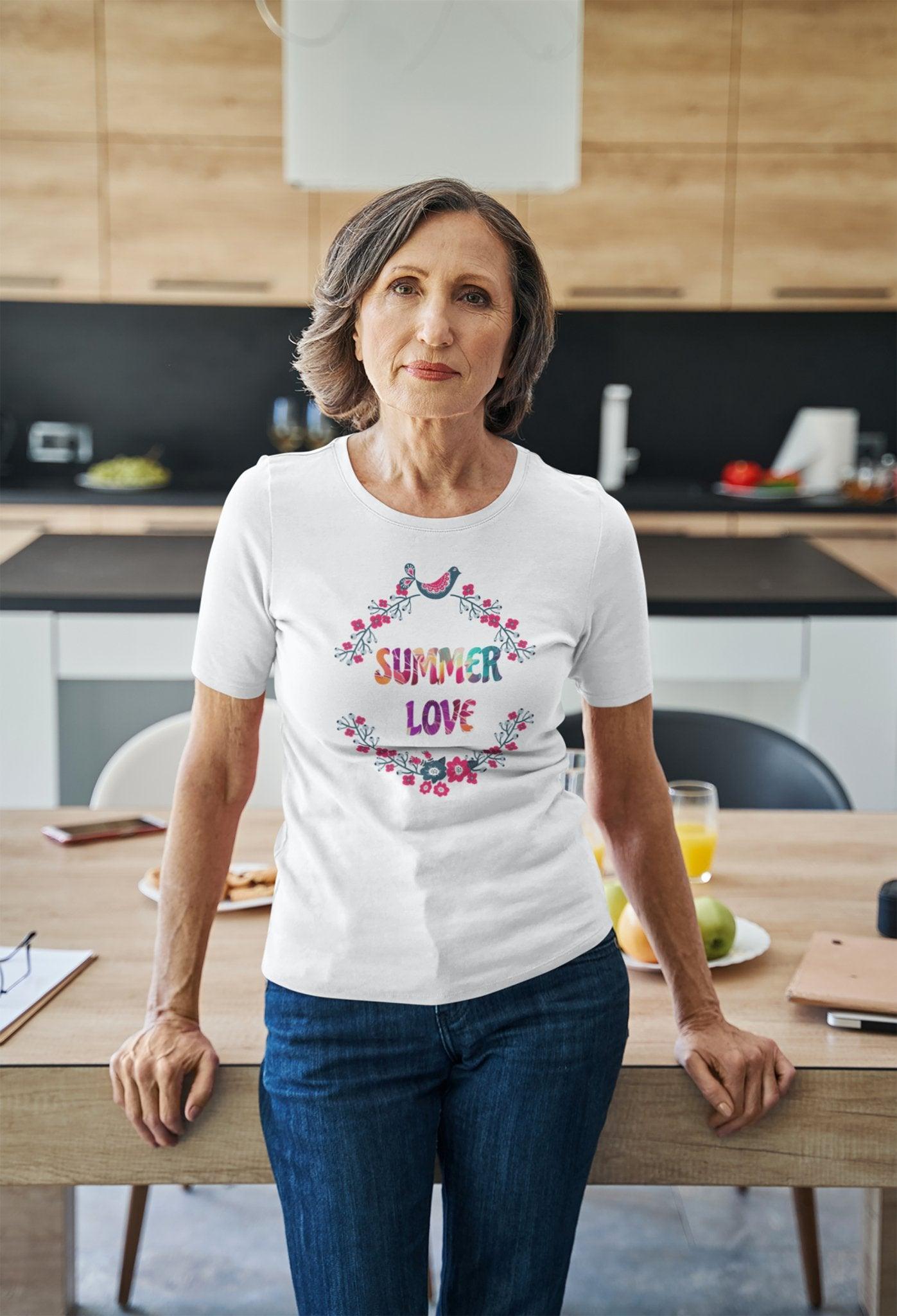 Summer Love T-Shirt with Flowers Floral Print Tee Vibrant and Romantic Shirt - Encore2woYellowS