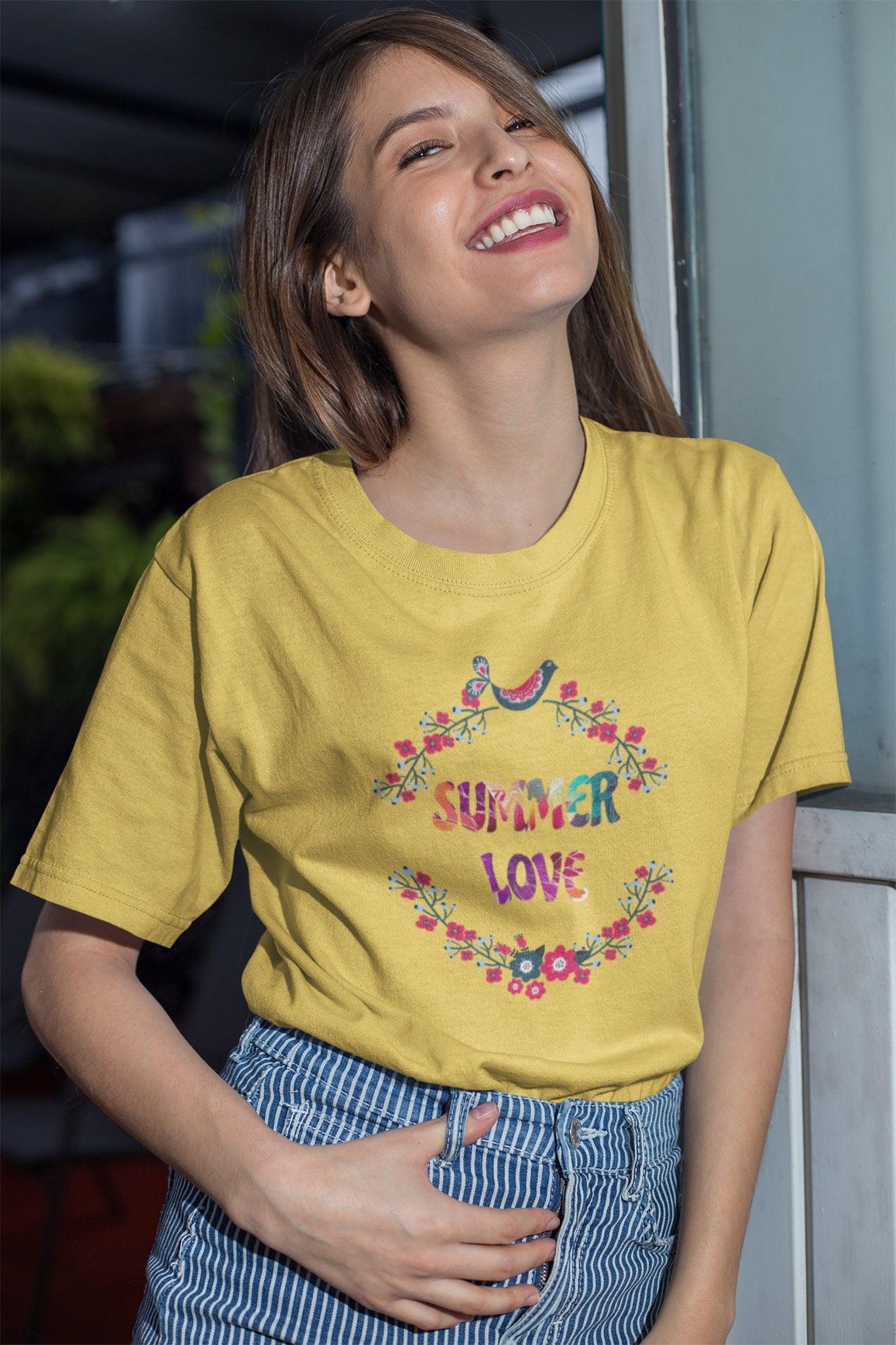 Summer Love T - Shirt with Flowers Floral Print Tee Vibrant and Romantic Shirt - Encore2woYellowS