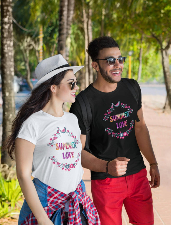 Summer Love T-Shirt with Flowers Floral Print Tee Vibrant and Romantic Shirt - Encore2woBlackS