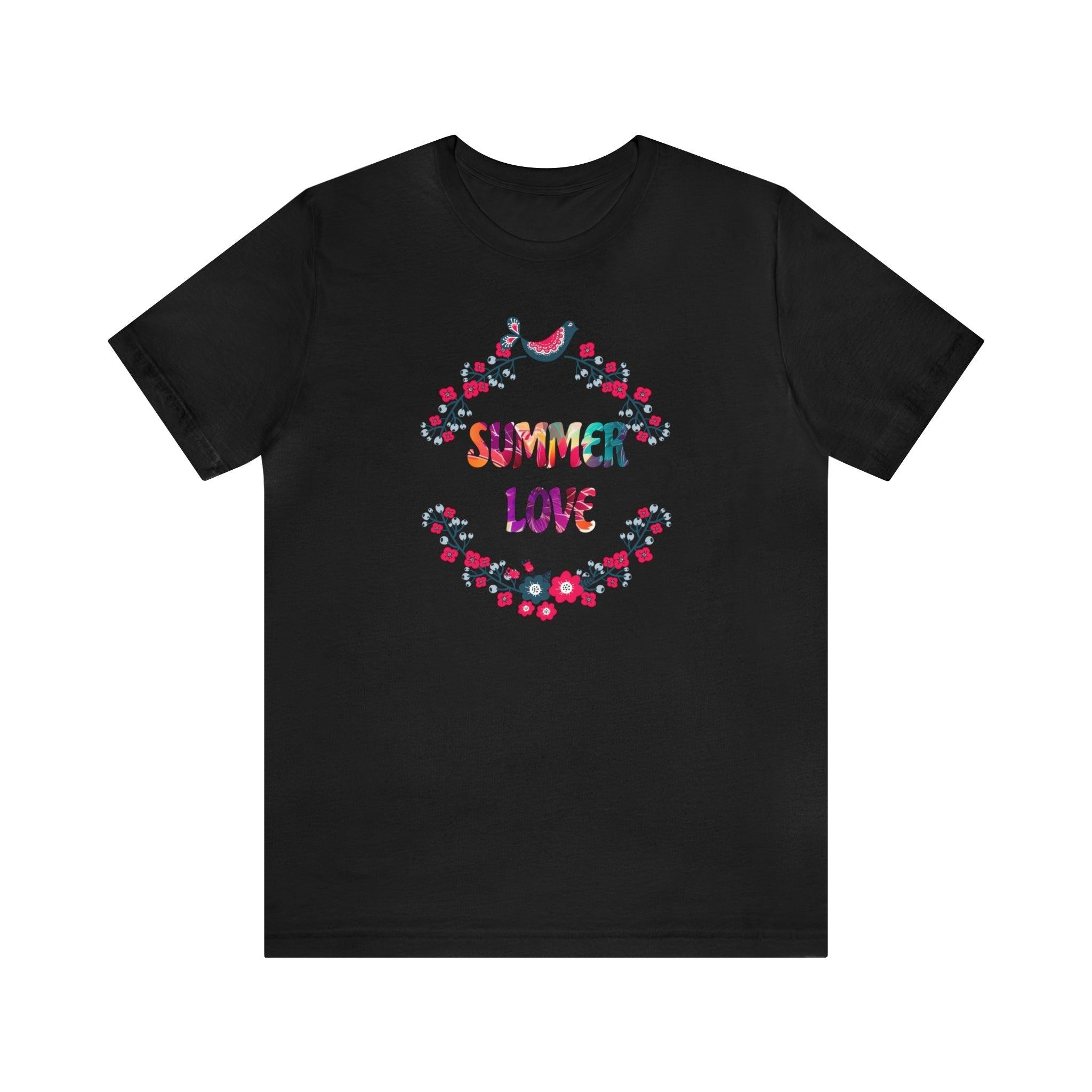 Summer Love T - Shirt with Flowers Floral Print Tee Vibrant and Romantic Shirt - Encore2woBlackS