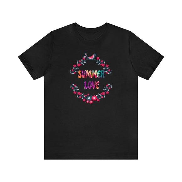 Summer Love T-Shirt with Flowers Floral Print Tee Vibrant and Romantic Shirt - Encore2woBlackS