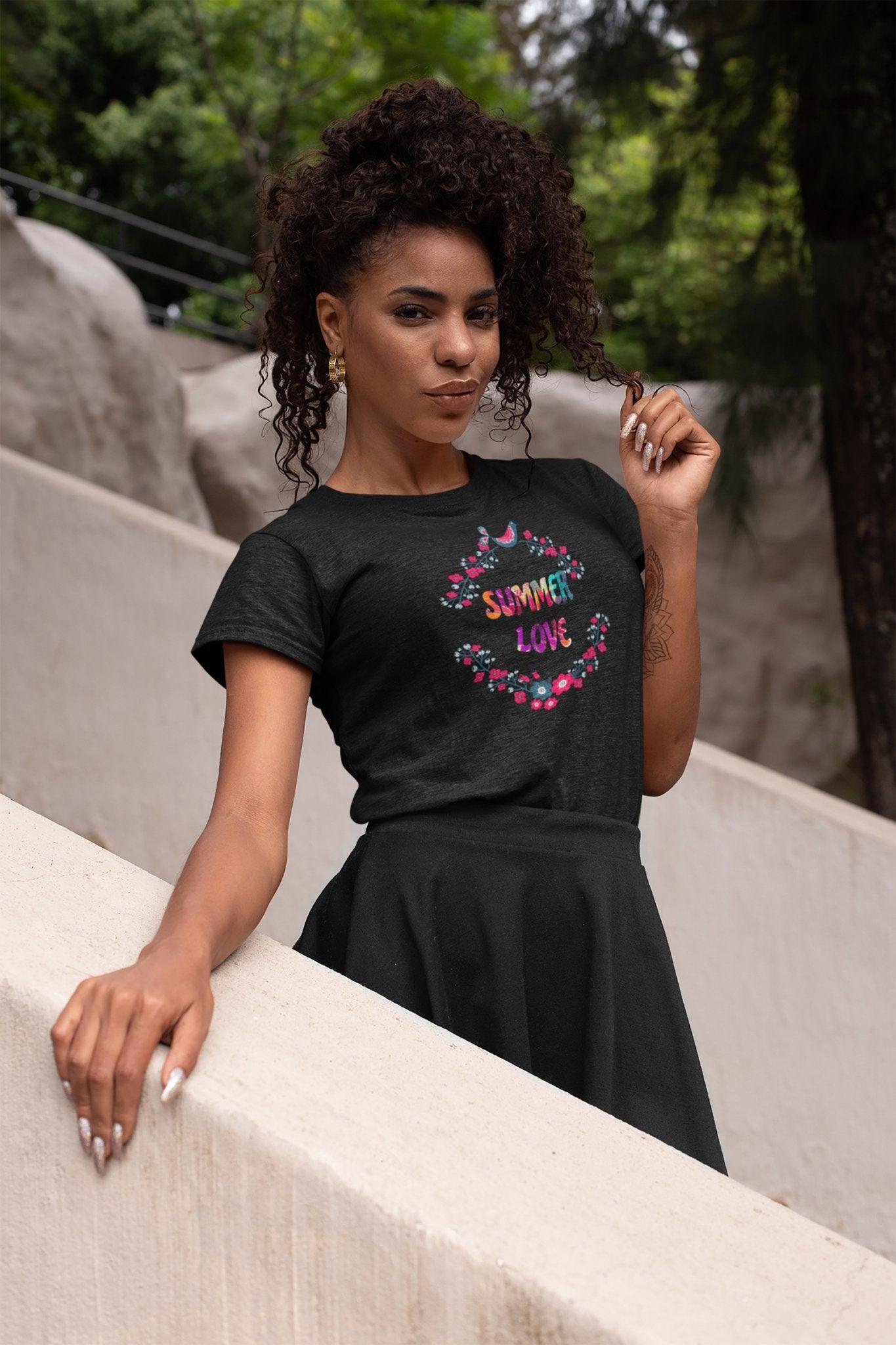 Summer Love T - Shirt with Flowers Floral Print Tee Vibrant and Romantic Shirt - Encore2woBlackS