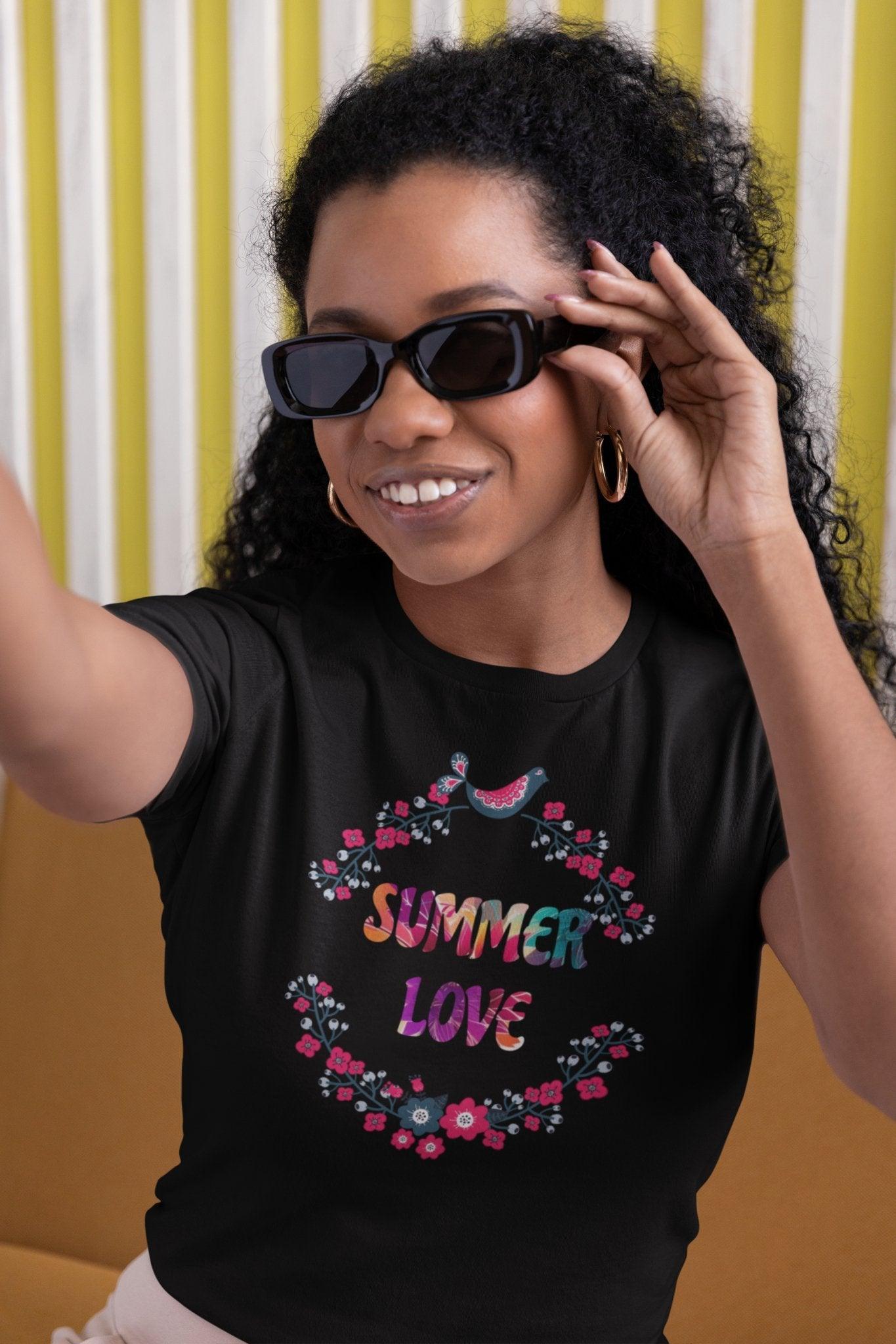 Summer Love T - Shirt with Flowers Floral Print Tee Vibrant and Romantic Shirt - Encore2woBlackS