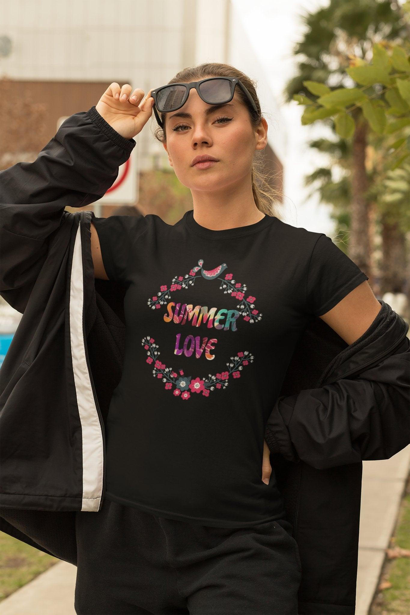 Summer Love T - Shirt with Flowers Floral Print Tee Vibrant and Romantic Shirt - Encore2woBlackS