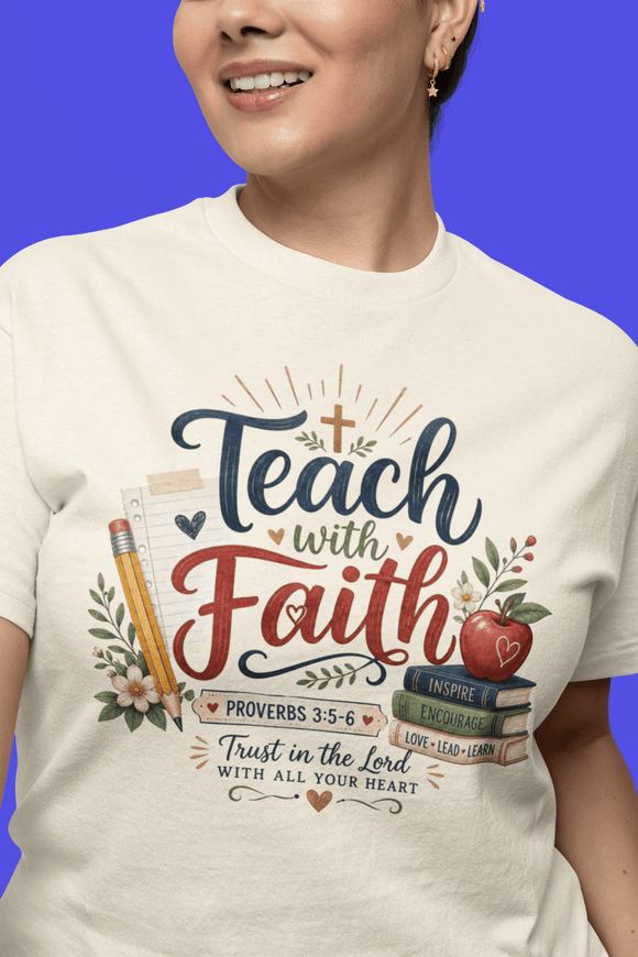 Teach with Faith T-Shirt — Christian Teacher Tee with Proverbs 3:5 Design - Encore2woIvoryS