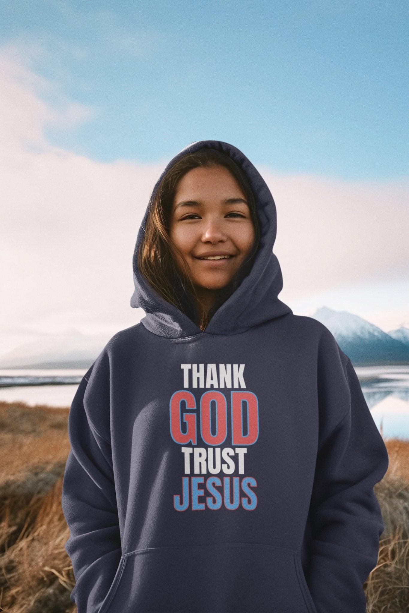 Thank God Trust Jesus Hoodie Faith - Inspired Religious Apparel Unisex Heavy Blend™ - Encore2woNavyS