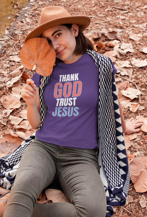 Thank God, Trust Jesus T-Shirt Faith - Inspired Tee Bold Design - Encore2woTeam PurpleS