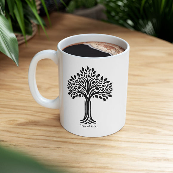 Tree of Life Ceramic Mug - Black & White Floral Design - Encore2wo11oz