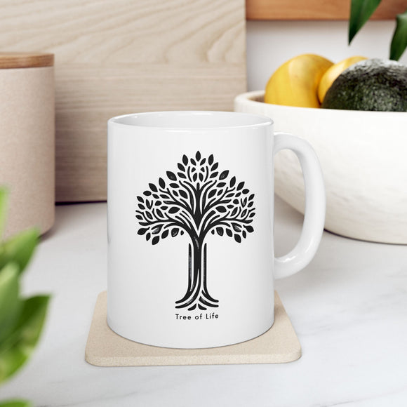 Tree of Life Ceramic Mug - Black & White Floral Design - Encore2wo11oz