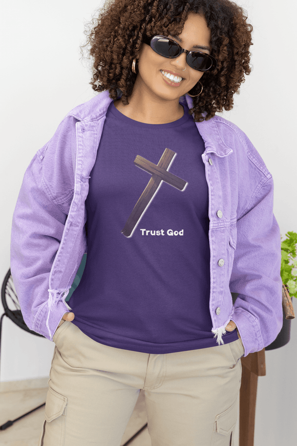 Trust God Wooden Cross Inspirational Christian Graphic Tee - Encore2woTeam PurpleS