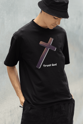 Trust God Wooden Cross Inspirational Christian Graphic Tee - Encore2woBlackS