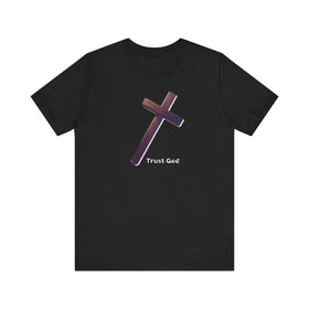 Trust God Wooden Cross Tee, Christian Faith Shirt, Religious Graphic Tshirt, Inspirational Quote Top, Unisex Jersey Short Sleeve T-Shirt, - Encore2woBlackS