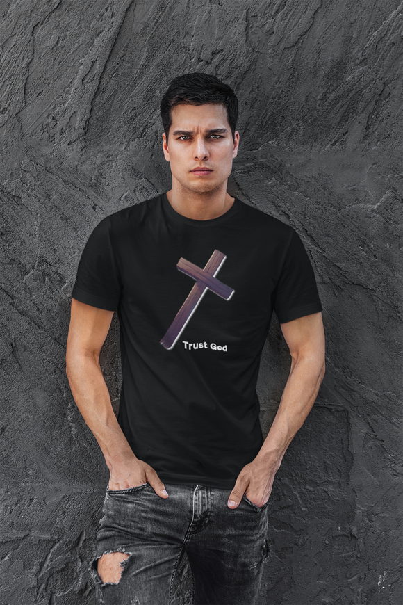 Trust God Wooden Cross Tee, Christian Faith Shirt, Religious Graphic Tshirt, Inspirational Quote Top, Unisex Jersey Short Sleeve T-Shirt, - Encore2woTeam PurpleS