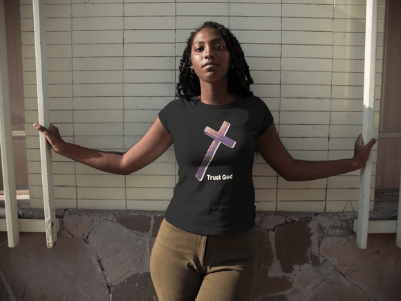 Trust God Wooden Cross Tee, Christian Faith Shirt, Religious Graphic Tshirt, Inspirational Quote Top, Unisex Jersey Short Sleeve T-Shirt, - Encore2woTeam PurpleS