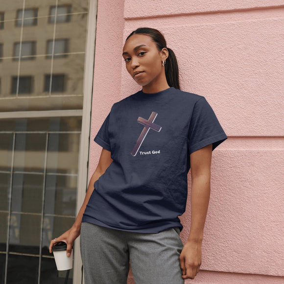 Trust God Wooden Cross Tee, Christian Faith Shirt, Religious Graphic Tshirt, Inspirational Quote Top, Unisex Jersey Short Sleeve T-Shirt, - Encore2woTeam PurpleS