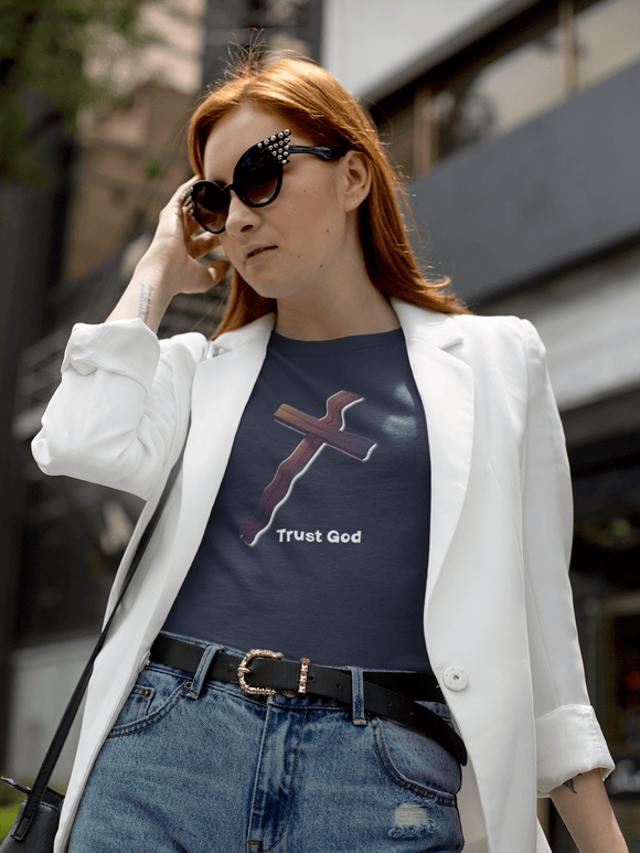 Trust God Wooden Cross Tee, Christian Faith Shirt, Religious Graphic Tshirt, Inspirational Quote Top, Unisex Jersey Short Sleeve T-Shirt, - Encore2woTeam PurpleS