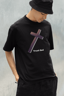 Trust God Wooden Cross Tee, Christian Faith Shirt, Religious Graphic Tshirt, Inspirational Quote Top, Unisex Jersey Short Sleeve T-Shirt, - Encore2woBlackS