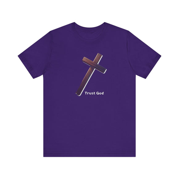 Trust God Wooden Cross Tee, Christian Faith Shirt, Religious Graphic Tshirt, Inspirational Quote Top, Unisex Jersey Short Sleeve T-Shirt, - Encore2woTeam PurpleS