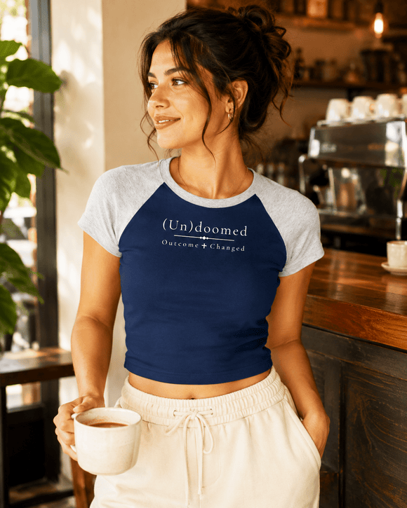 (Un)doomed Women’s Raglan Baby Tee – Outcome Changed T-Shirt - Encore2woNavy Blue with Flower GrayS
