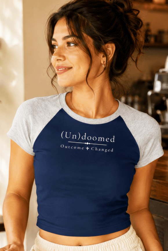 (Un)doomed Women’s Raglan Baby Tee – Outcome Changed T-Shirt - Encore2woNavy Blue with Flower GrayS