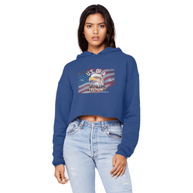 U.S. of A Cropped Raw Edge Boyfriend Hoodie Patriotic Eagle Graphic - Encore2woRoyal BlueXS