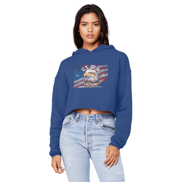 U.S. of A Cropped Raw Edge Boyfriend Hoodie Patriotic Eagle Graphic - Encore2woRoyal BlueXS