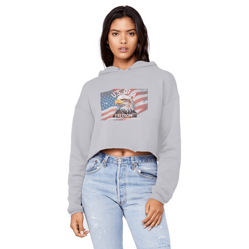 U.S. of A Cropped Raw Edge Boyfriend Hoodie Patriotic Eagle Graphic - Encore2woAshXS