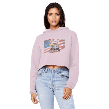 U.S. of A Cropped Raw Edge Boyfriend Hoodie Patriotic Eagle Graphic - Encore2woLight PinkXS