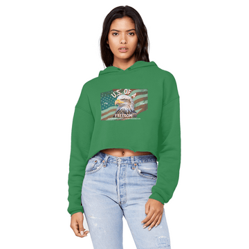 U.S. of A Cropped Raw Edge Boyfriend Hoodie Patriotic Eagle Graphic - Encore2woKelly GreenXS
