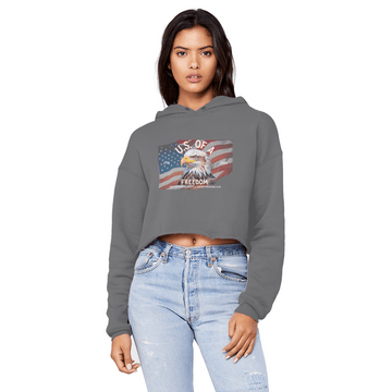 U.S. of A Cropped Raw Edge Boyfriend Hoodie Patriotic Eagle Graphic - Encore2woDark GreyXS